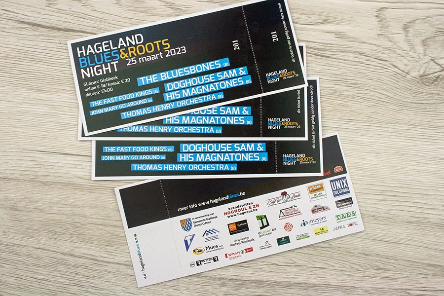 inkomkaarten voor Hageland Blues 2023 met dubbele nummering en scheurstrookje